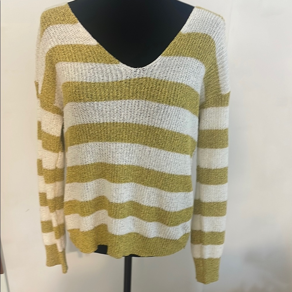 Mystery Striped V-Neck Sweater - Mustard and White with back detail